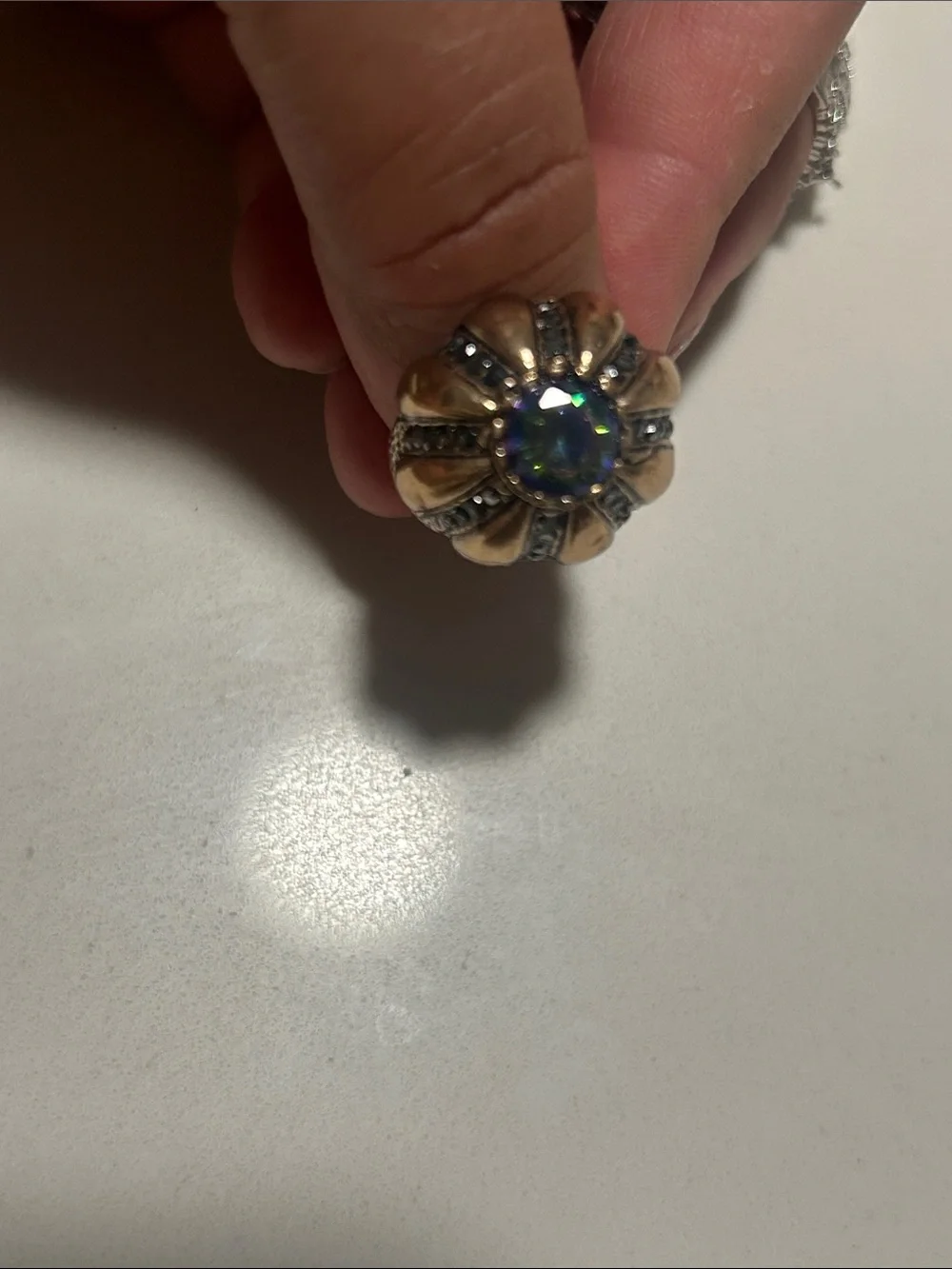 Vintage Gold-Bronze Tone Dome Ring with Blue Center Stone Adjustable